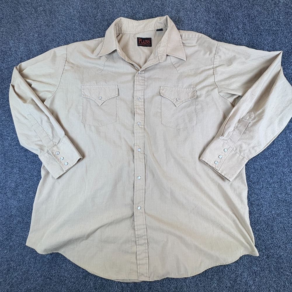 Vintage Plain Shirt Mens XL Beige Cotton Cowboy Western Wear Pearl Snap Front